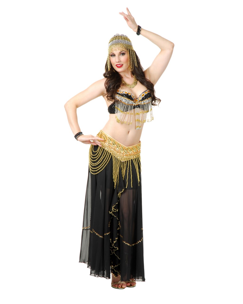 Womens Black And Gold Arabian Jeweled Beaded Belle Dancer Bra Costume